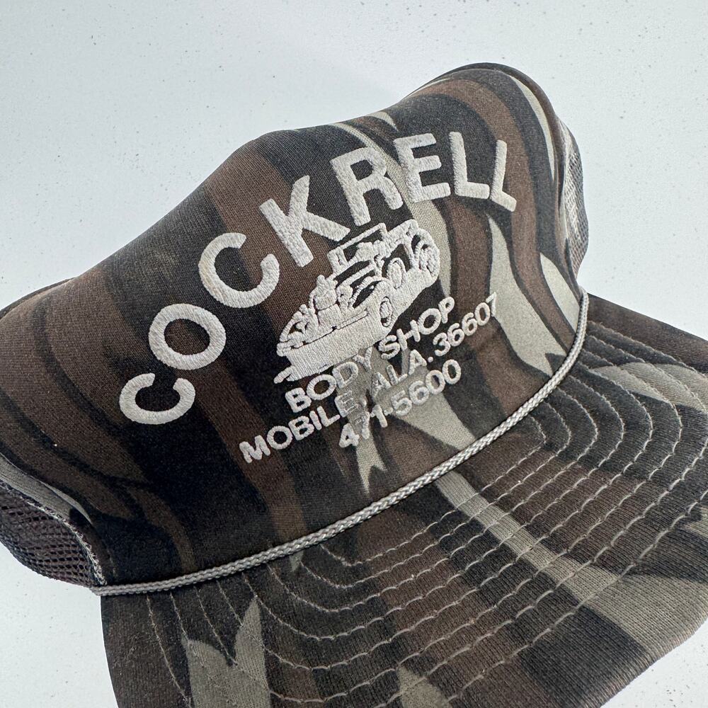 Vintage 80s Trucker Snapback Camp Hat - Cockrells Body Shop Camouflage Mesh Cap